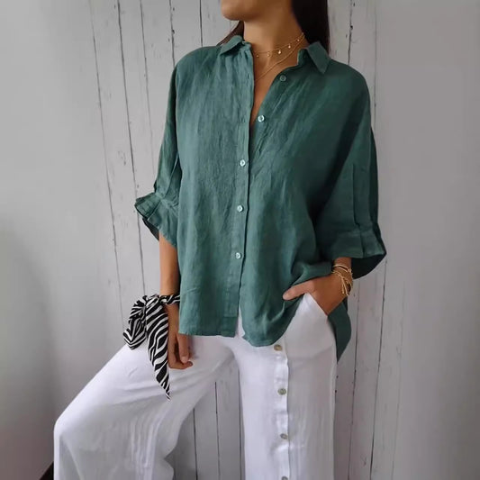 Damen luftige Leinenbluse mit eleganter Knopfleiste und lockerer Passform Stalluxe