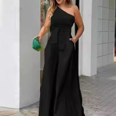 Damen Eleganter Jumpsuit mit asymmetrischem Ausschnitt und Taillengürtel Stalluxe