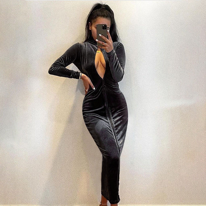 Damen Samt Maxikleid mit tiefem V-Ausschnitt und figurbetonter Silhouette Stalluxe