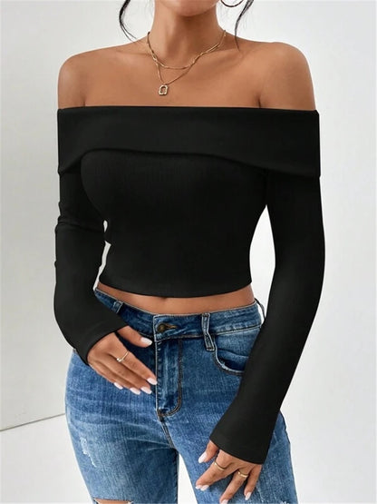 Damen Off-Shoulder Crop-Top mit langen Ärmeln und feiner Rippstruktur Stalluxe