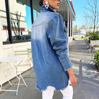 Damen lässige Oversized Denim-Jacke im Used-Look mit fransigen Saum Stalluxe