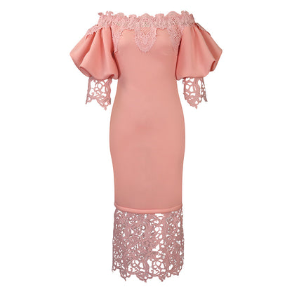 Damen Off-Shoulder Maxikleid mit Spitzenakzenten und figurschmeichelndem Schnitt Stalluxe Pink