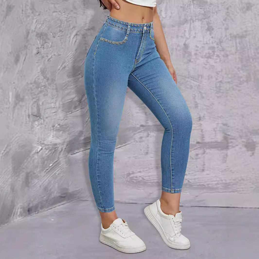 Damen Hochtaillierte Skinny Jeans mit Glitzerapplikationen Stalluxe