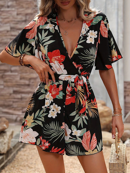 Damen Blumendesignd Jumpsuit mit Wickeloptik und Taillengürtel Stalluxe