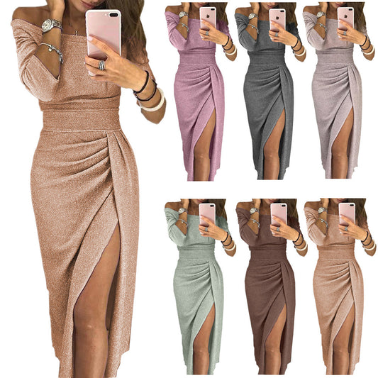 Damen glamouröses Midikleid mit Off-Shoulder-Design und schimmerndem Stoff Stalluxe