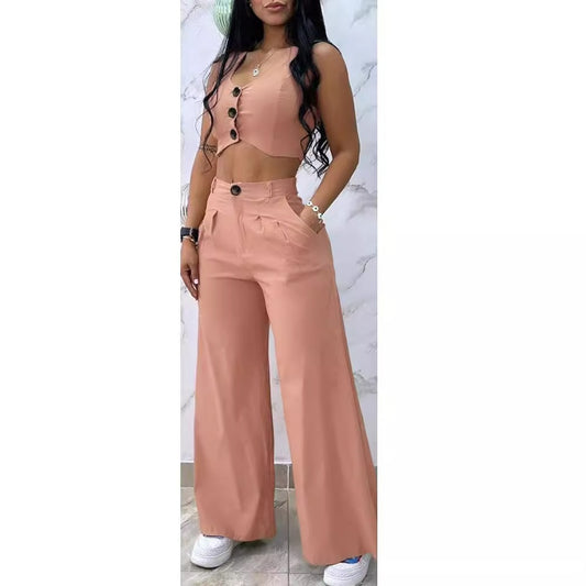 Damen Zweiteiliges Set mit weitem Bein und Knopfdetails Stalluxe
