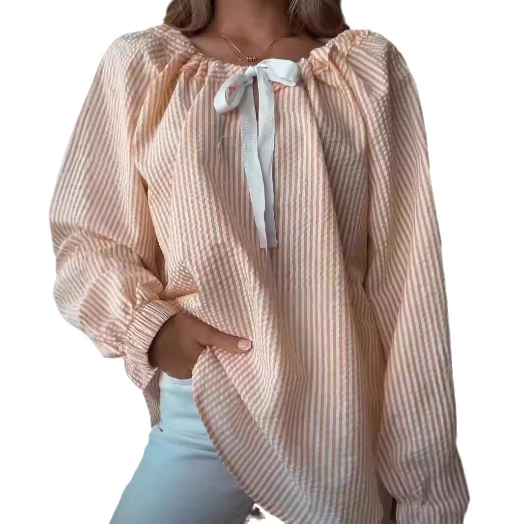 Damen Bluse mit elastischem Ausschnitt und Schleifenbindung Stalluxe