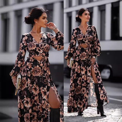Damen Maxikleid im Leopardenmuster mit Wickeldesign und voluminösen Ärmeln Stalluxe