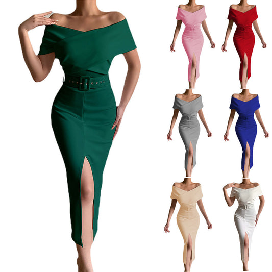 Damen Etuikleid mit schulterfreiem Design und hohem Schlitz Stalluxe