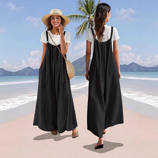 Damen Langer Baumwollkleid mit Trägern und Taschen Stalluxe