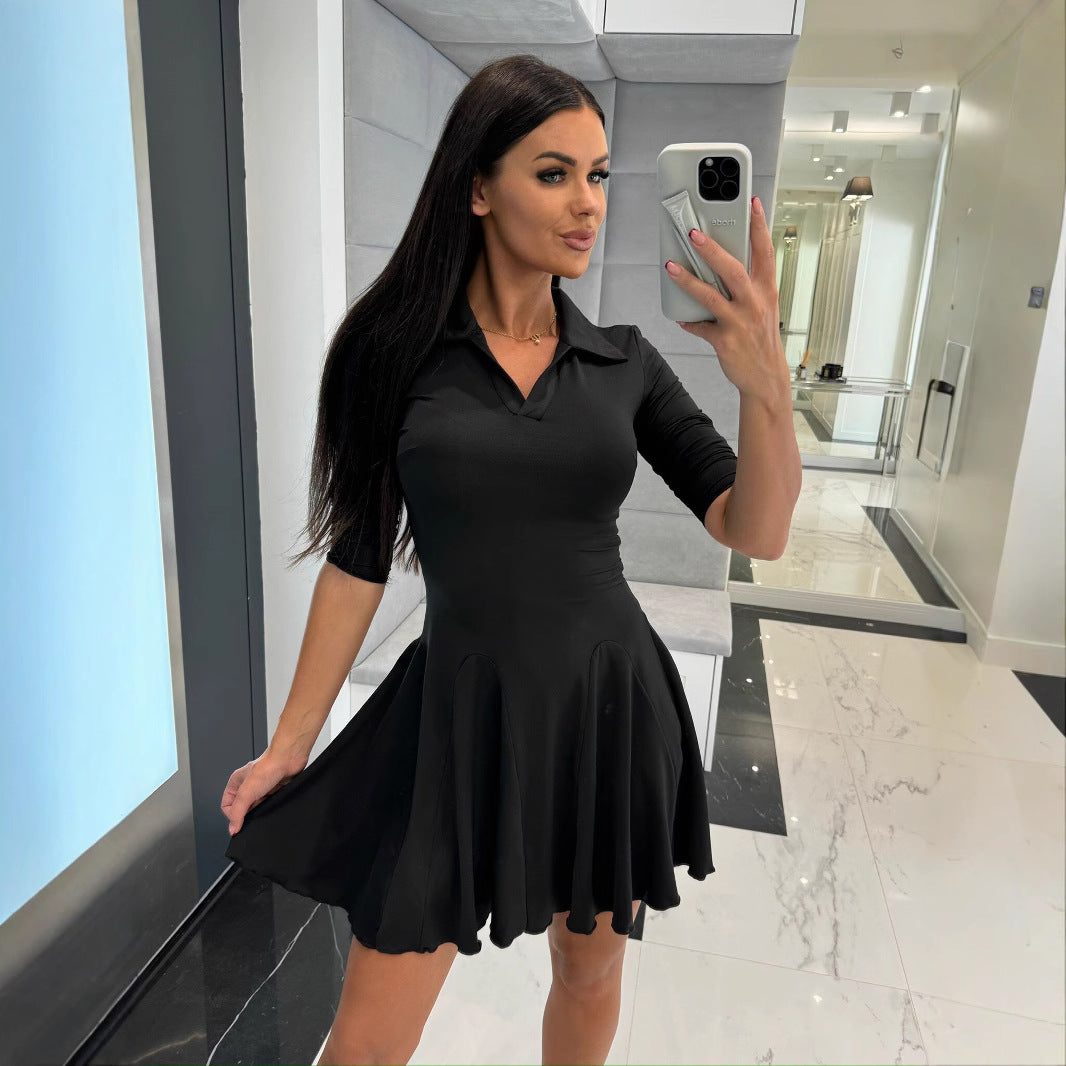 Damen Sportliches Polo-Kleid mit schwingendem Rock und langen Ärmeln Stalluxe