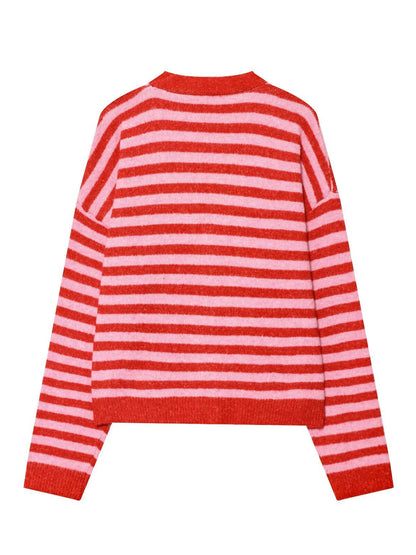 Damen modische gestreifte Strickjacke mit V-Ausschnitt und Knopfleiste Stalluxe
