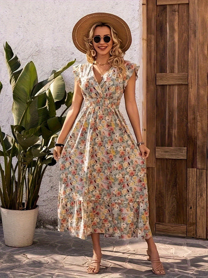 Damen Maxikleid mit floralem Design und lässigem V-Ausschnitt Stalluxe