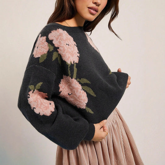 Damen lockerer Strickpullover mit floralem Design Stalluxe