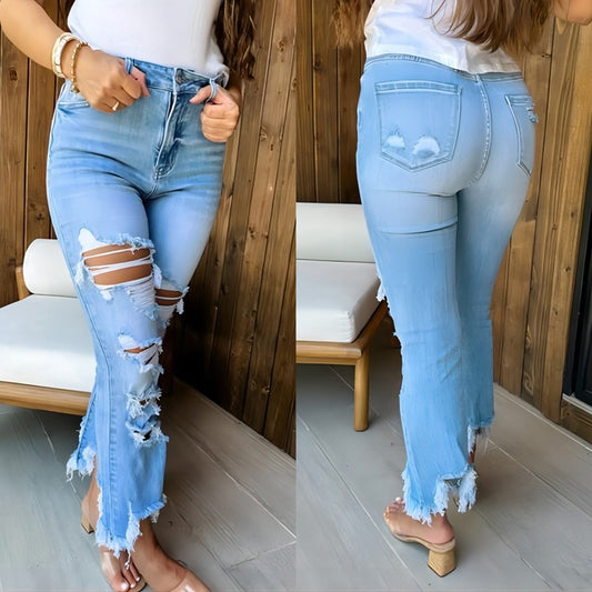 Damen Flared Jeans mit modischen Destroyed-Details und hoch geschnittenem Bund Stalluxe