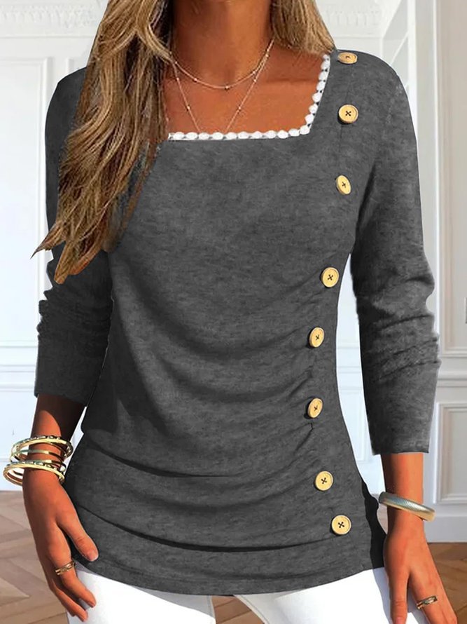Damen Langarmshirt mit quadratischem Ausschnitt und dekorativen Knopfdetails Stalluxe