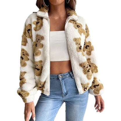 Damen Fleecejacke mit Bärenmuster und Stehkragen Stalluxe
