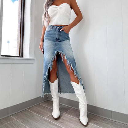 Damen Jeansrock mit asymmetrischem Schlitz und Fransensaum Stalluxe