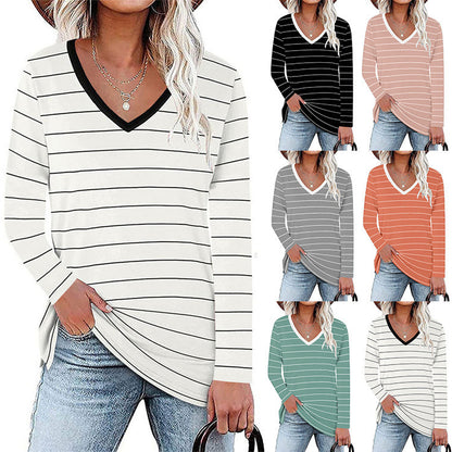 Damen V-Ausschnitt Langarmshirt mit Streifenmuster und seitlichen Schlitzen Stalluxe