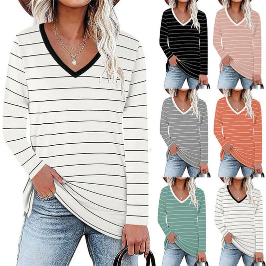 Damen V-Ausschnitt Langarmshirt mit Streifenmuster und seitlichen Schlitzen Stalluxe