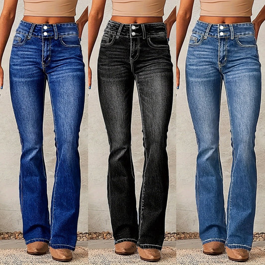 Damen Bootcut Jeans mit hohem Bund und modischen Knöpfen Stalluxe