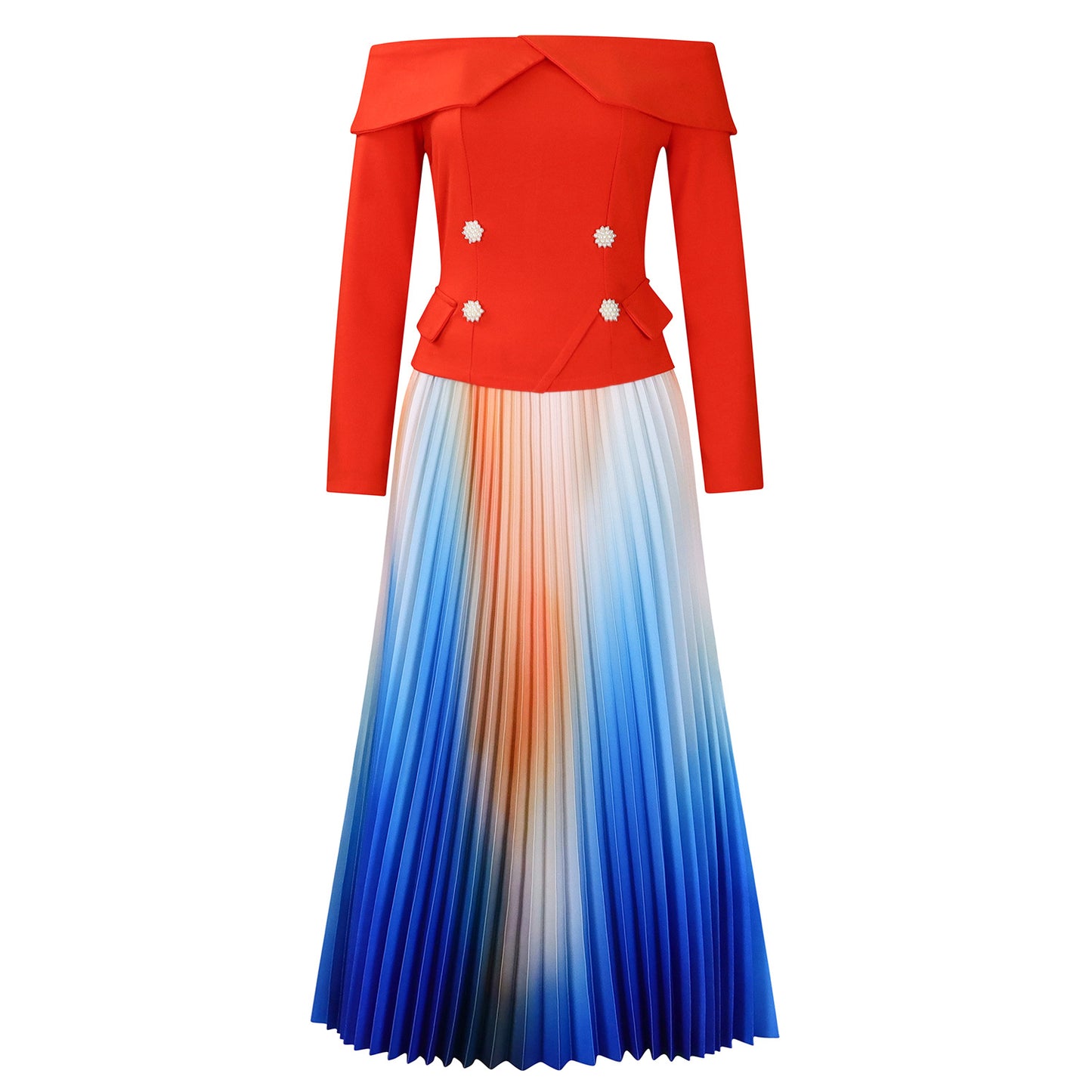 Damen Elegantes Plisseekleid mit schulterfreiem Oberteil und auffälligen Knopfdetails Stalluxe Orange