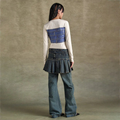 Damen Langarmshirt mit kreativem Denim-Druck und figurbetontem Schnitt Stalluxe