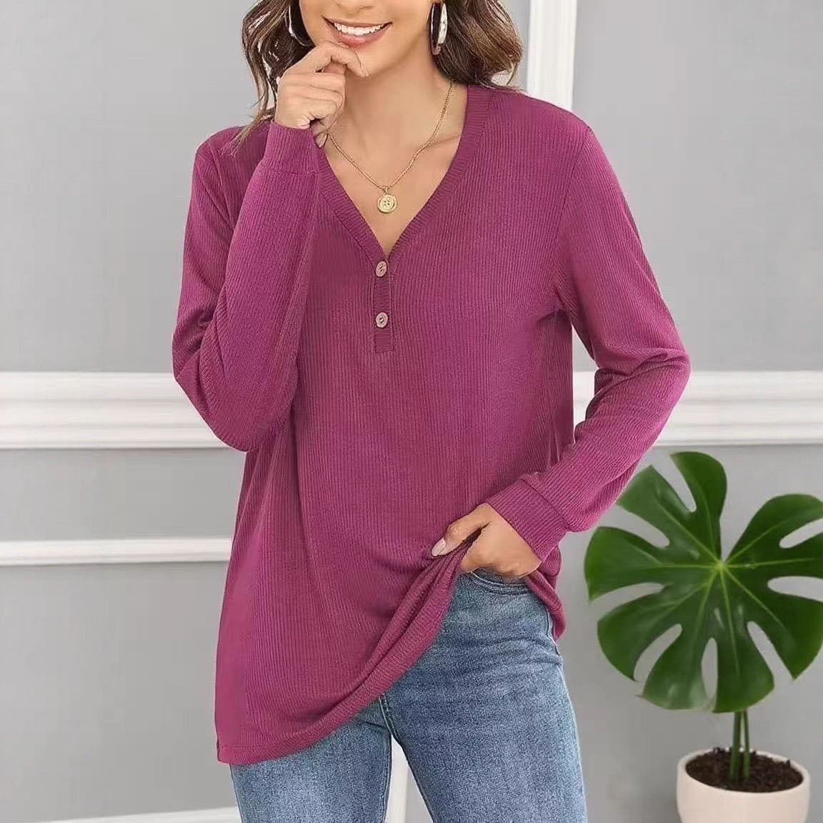 Damen lässiges Langarmshirt mit Knopfleiste und feiner Struktur Stalluxe