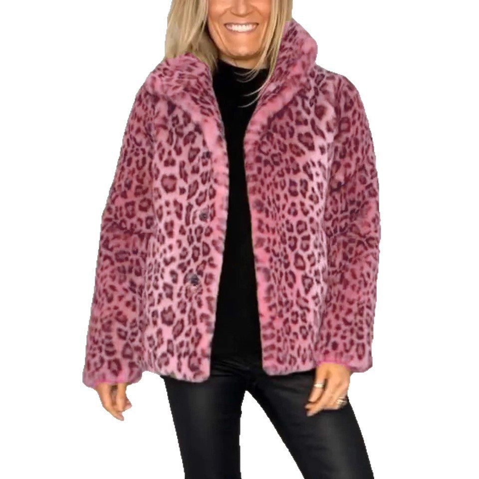 Damen Flauschige Leopardmuster Jacke mit hohem Kragen Stalluxe