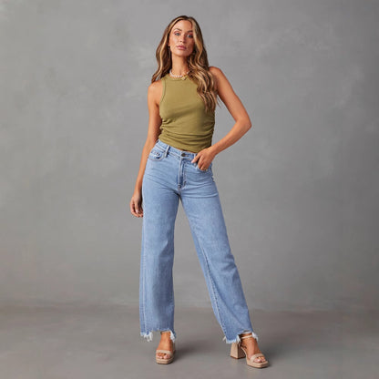 Damen Weit geschnittene Jeans mit fransigem Saum Stalluxe