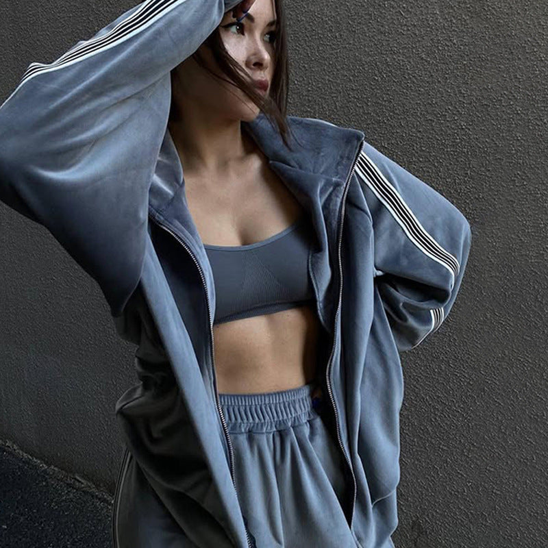 Damen modisches Fleece-Loungewear-Set mit hohem Kragen und praktischen Taschen Stalluxe