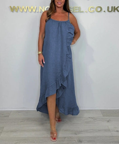 Damen luftiges Maxikleid mit asymmetrischem Saum und feinen Rüschendetails Stalluxe