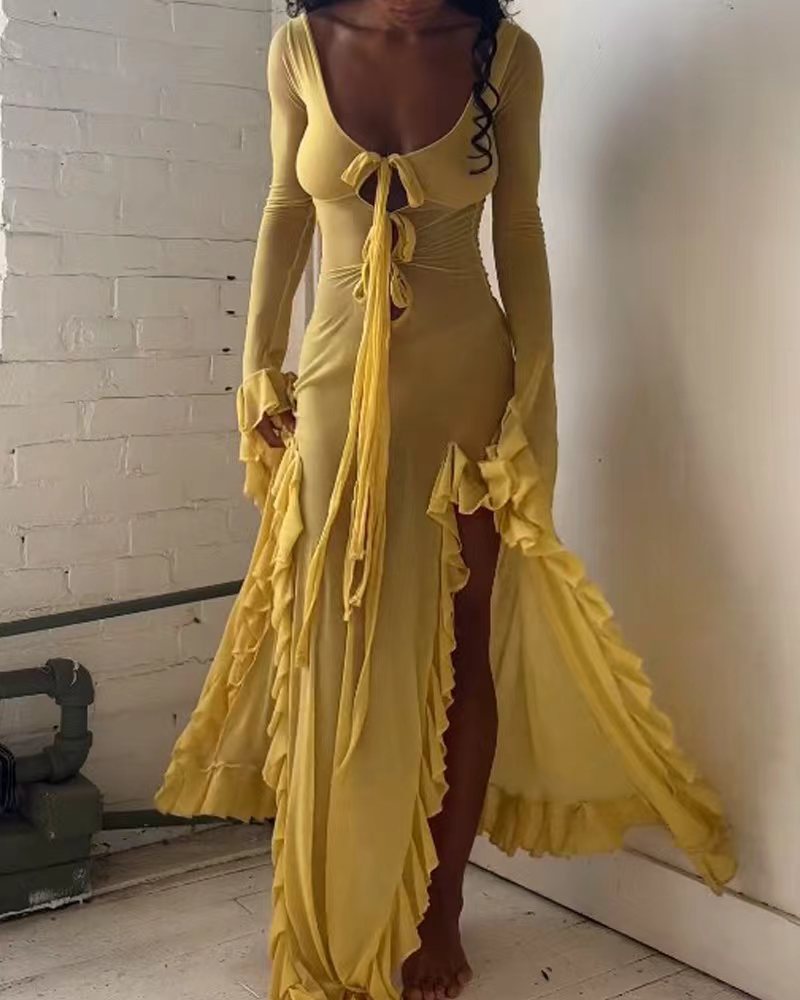 Damen Maxikleid mit eleganten Rüschendetails und tiefem V-Ausschnitt Stalluxe