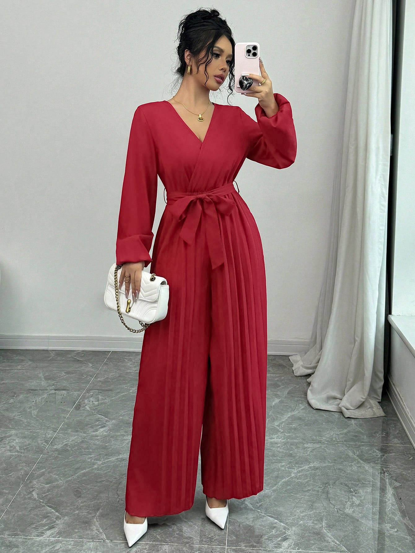 Damen Jumpsuit mit Plissees und Taillengürtel Stalluxe
