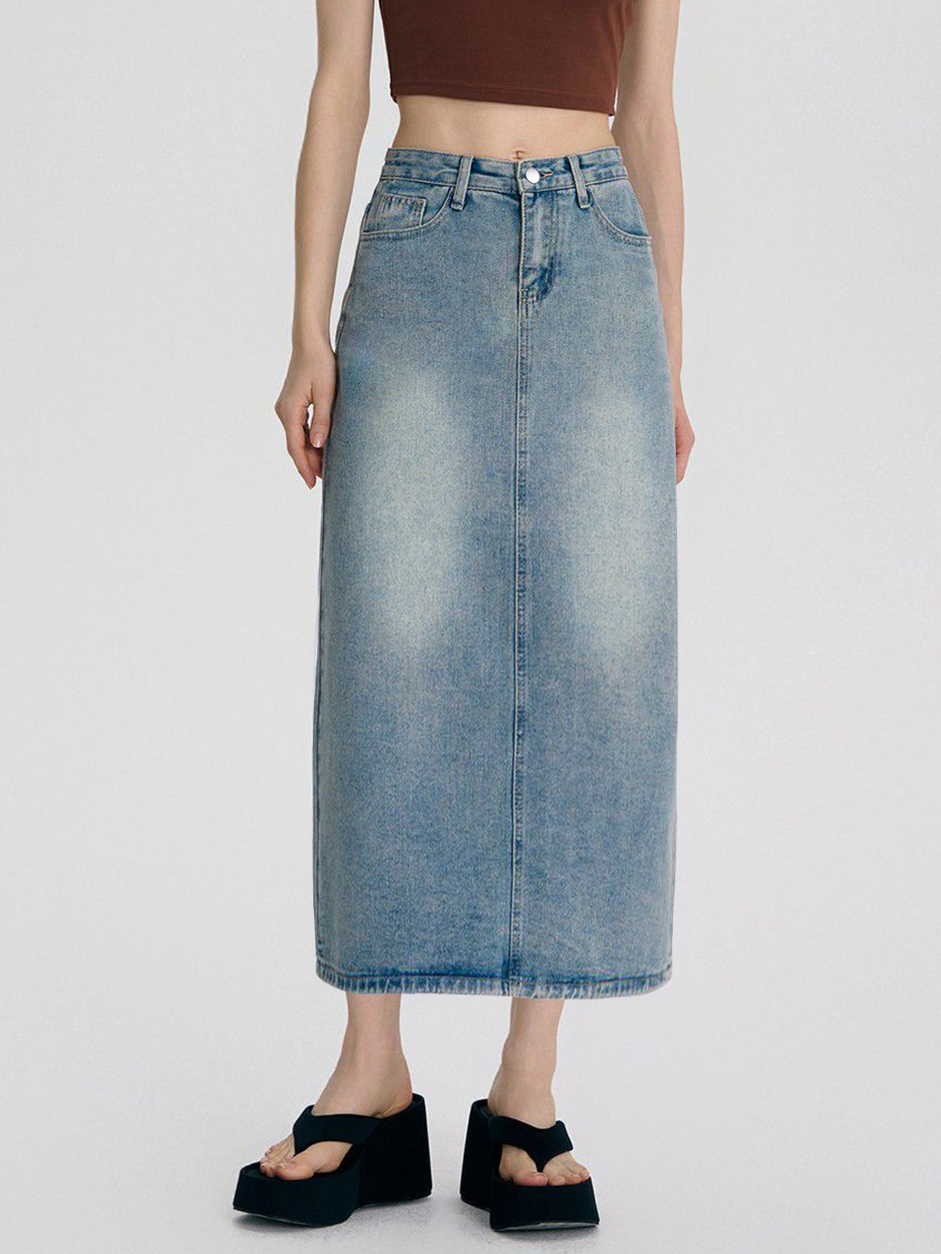Damen Denim-Midirock mit eleganter A-Linien-Form und hohem Bund Stalluxe