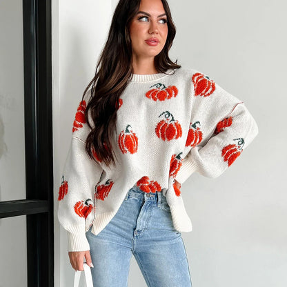 Damen Großer Strickpullover mit Kürbis-Motiv Stalluxe