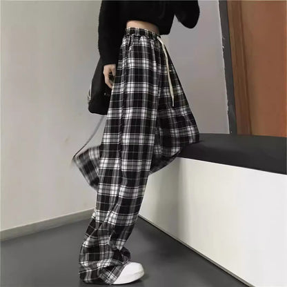 Damen weite Karohose mit elastischem Bund und Bindegürtel Stalluxe
