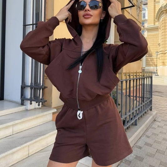 Damen trendy Kapuzenjacke und Shorts Set Stalluxe