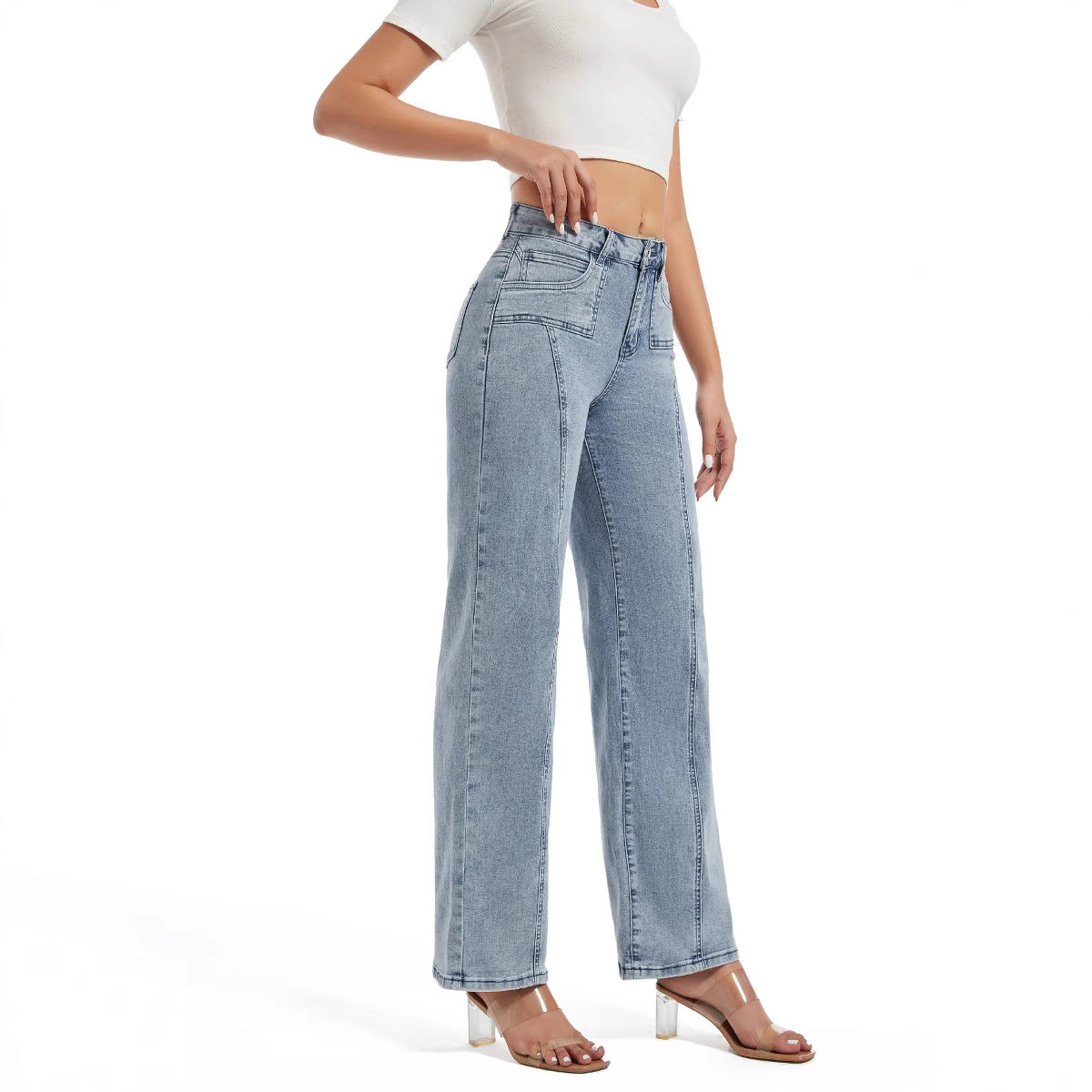 Damen weite High-Waist Jeans mit Bindegürtel und modischen Nahtdetails Stalluxe
