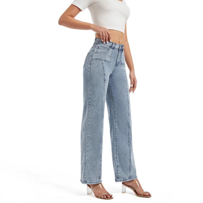 Damen weite High-Waist Jeans mit Bindegürtel und modischen Nahtdetails Stalluxe