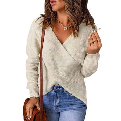 Damen lässiger Wickel-Pullover mit tiefem V-Ausschnitt und strukturiertem Gewebe Stalluxe