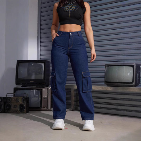 Damen Cargo-Jeans mit hoch tailliertem Schnitt und praktischen Taschen Stalluxe