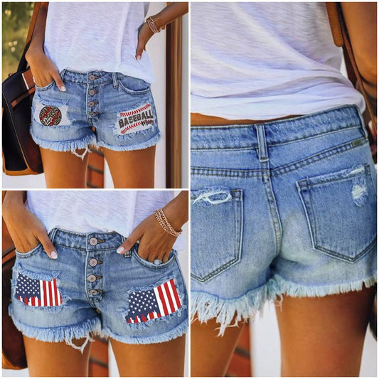 Damen Jeansshorts im Coolen USA-Design mit ausgefranstem Saum Stalluxe