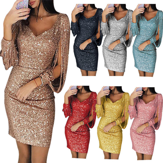 Damen Glitzerndes Cocktailkleid mit schimmernden Ärmeln Stalluxe
