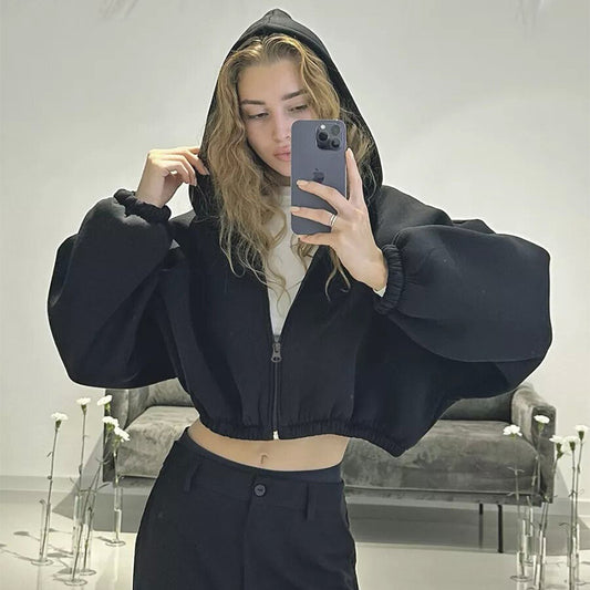 Damen cropped Kapuzenpullover mit voluminösen Ärmeln Stalluxe