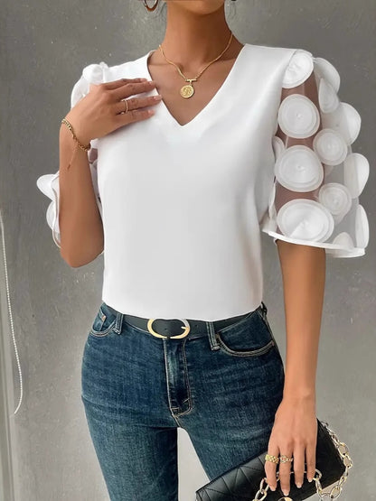 Damen Elegantes Oberteil mit transparenten Puffärmeln und V-Ausschnitt Stalluxe