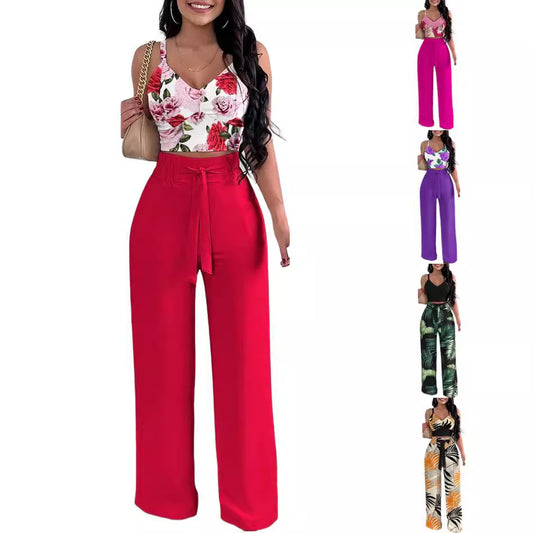 Damen lässiges Set bestehend aus floralem Oberteil mit Rüschen und weitem Hosen Stalluxe