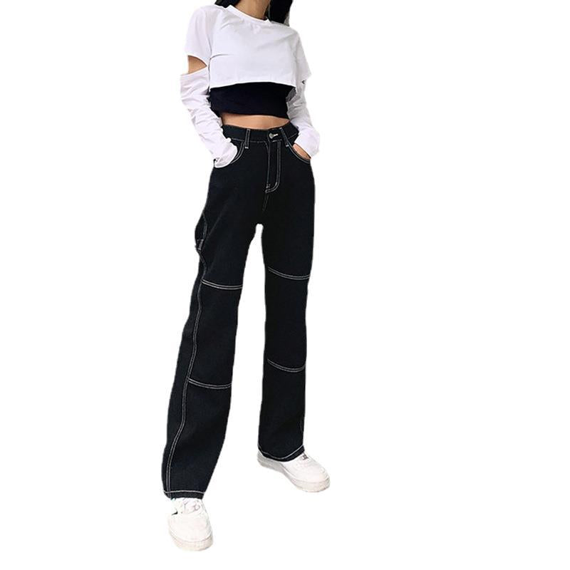 Damen weite Jeans mit modischen Kontrastnähten Stalluxe