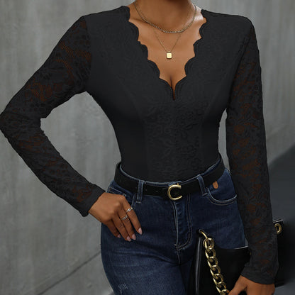 Damen Spitze Bodysuit mit V-Ausschnitt und langen Ärmeln Stalluxe