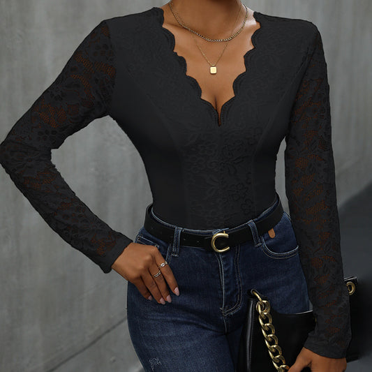 Damen Spitze Bodysuit mit V-Ausschnitt und langen Ärmeln Stalluxe